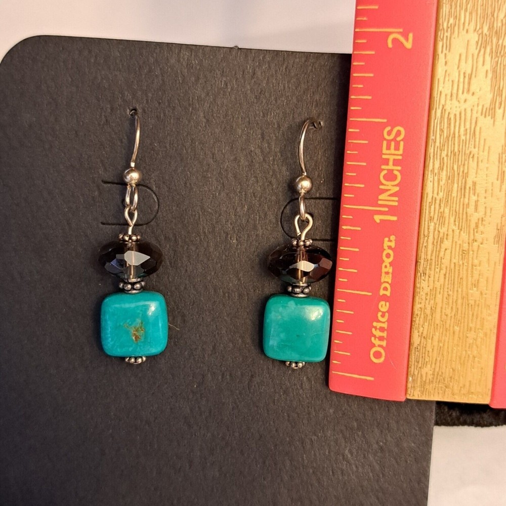 Handmade Turquoise Smoky Quartz Dangle Earrings Natural Gemstone - Picture 4 of 4